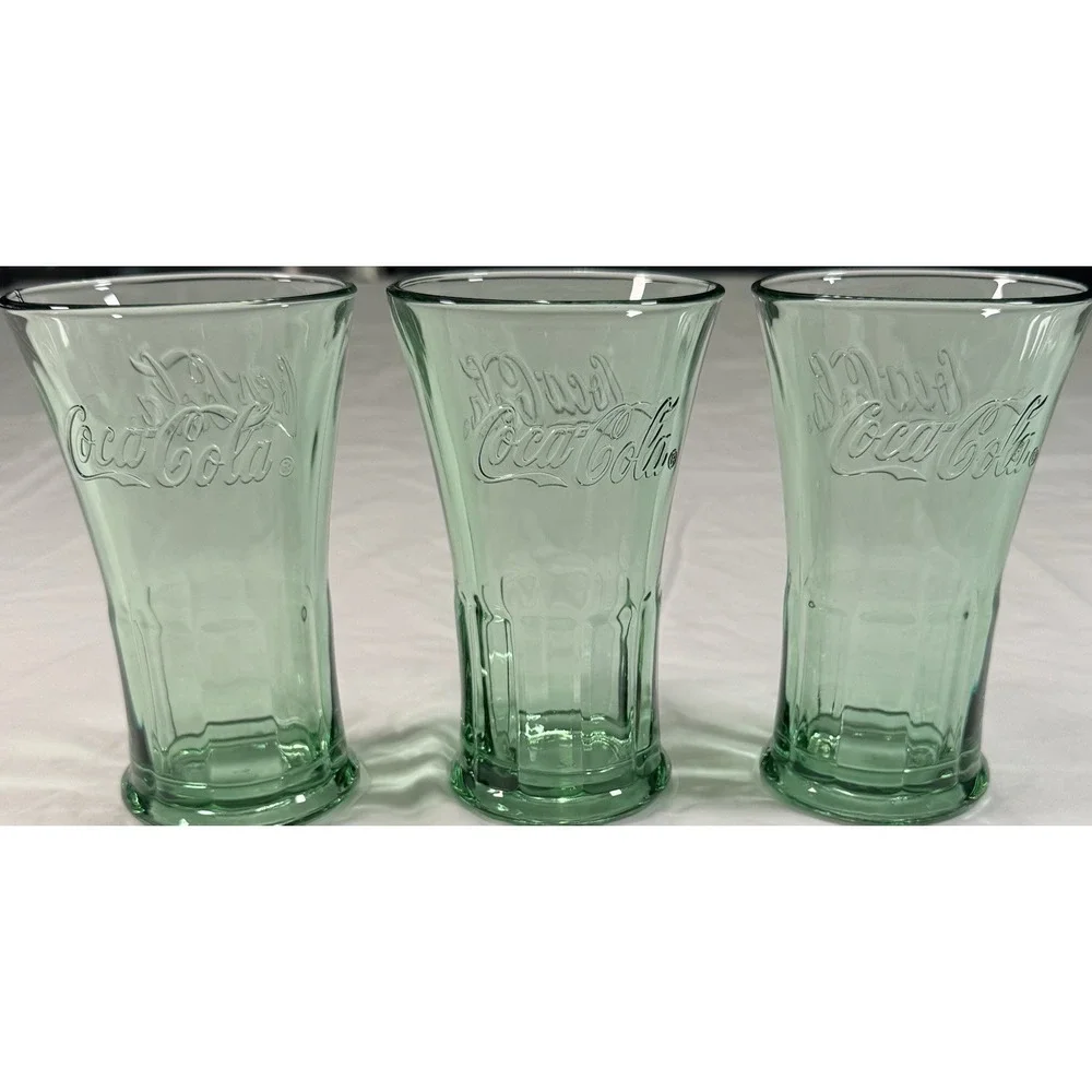 Vintage‎ Coca-Cola Green Glass Tumbler Set Embossed Coke Glasses Set of 3